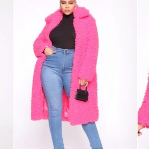 SOLD OUT 💕 online, Fashion Nova Bright Hot Pink Teddy Sherpa Long Coat